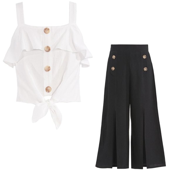 Truly Me by Hannah Banana 2pc White Top & Black Cullotes Pants Outfit sz 14 NEW - Picture 2 of 2